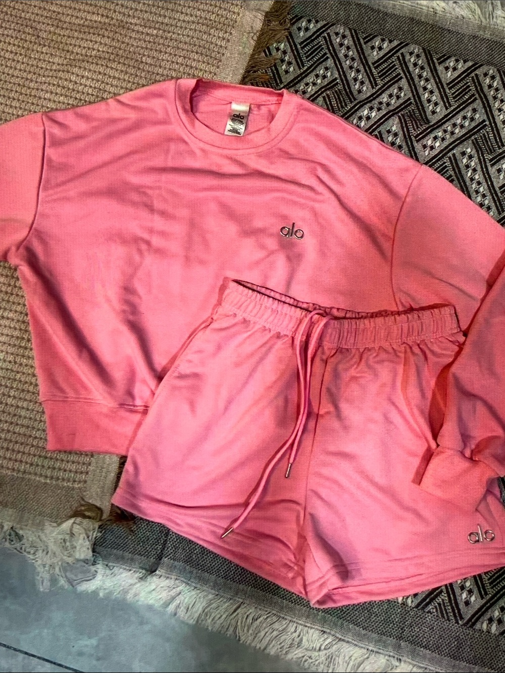 ALO Yoga Pink Long Sleeve Sweatshirt & Drawstring Shorts Set
